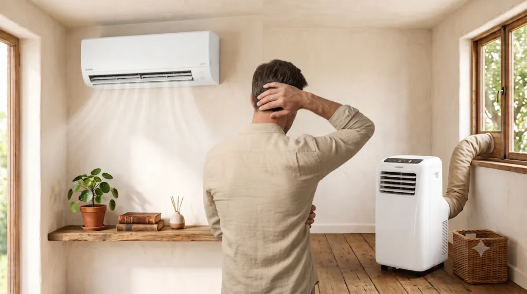 Hombre comparando aire acondicionado split vs portatil