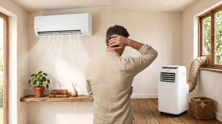 Hombre comparando aire acondicionado split vs portatil