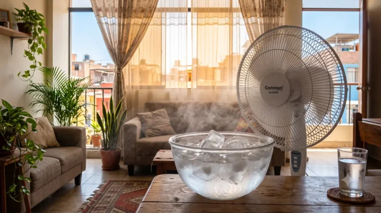Tazón con hielo frente a un ventilador como truco casero para combatir el calor en casa.