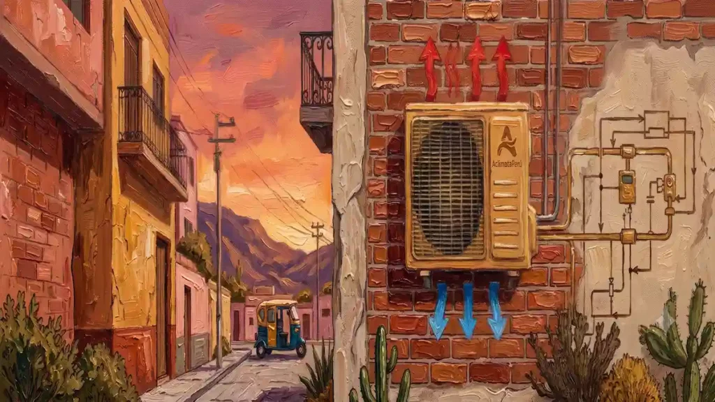 Ilustración en óleo de un condensador de aire acondicionado instalado en una pared exterior con flujo de aire térmico.