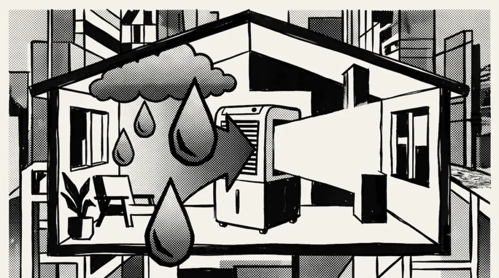 Ilustración neobrutalista en blanco y negro que representa qué es un deshumedecedor y para qué sirve controlar la humedad en el hogar.