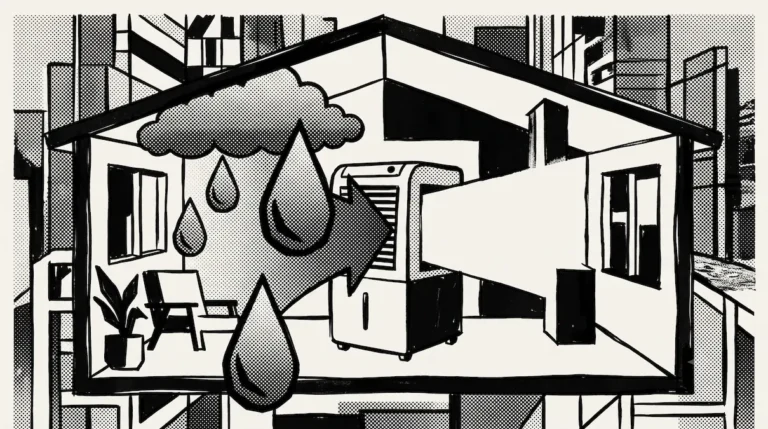 Ilustración neobrutalista en blanco y negro que representa qué es un deshumedecedor y para qué sirve controlar la humedad en el hogar.